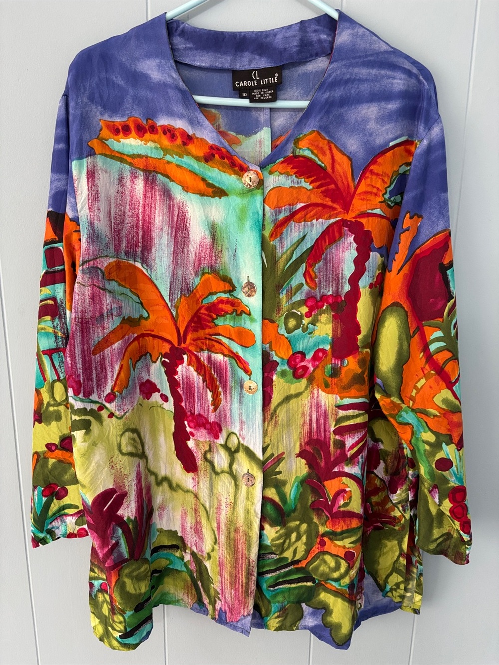 Vintage Carole Little 100% Silk Tropical Palm Print Blouse Jacket Oversized 10
